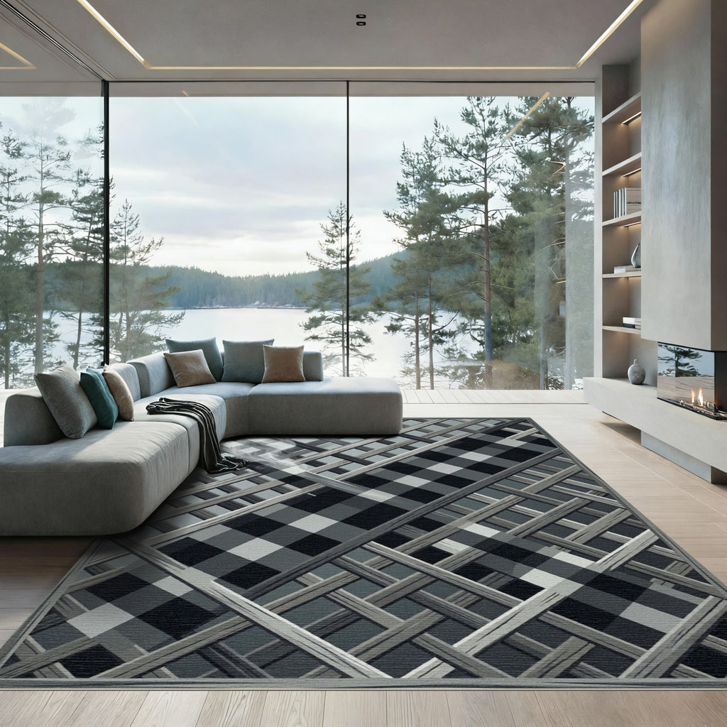 Monochrome Checkered Lattice Geometric Area Rug