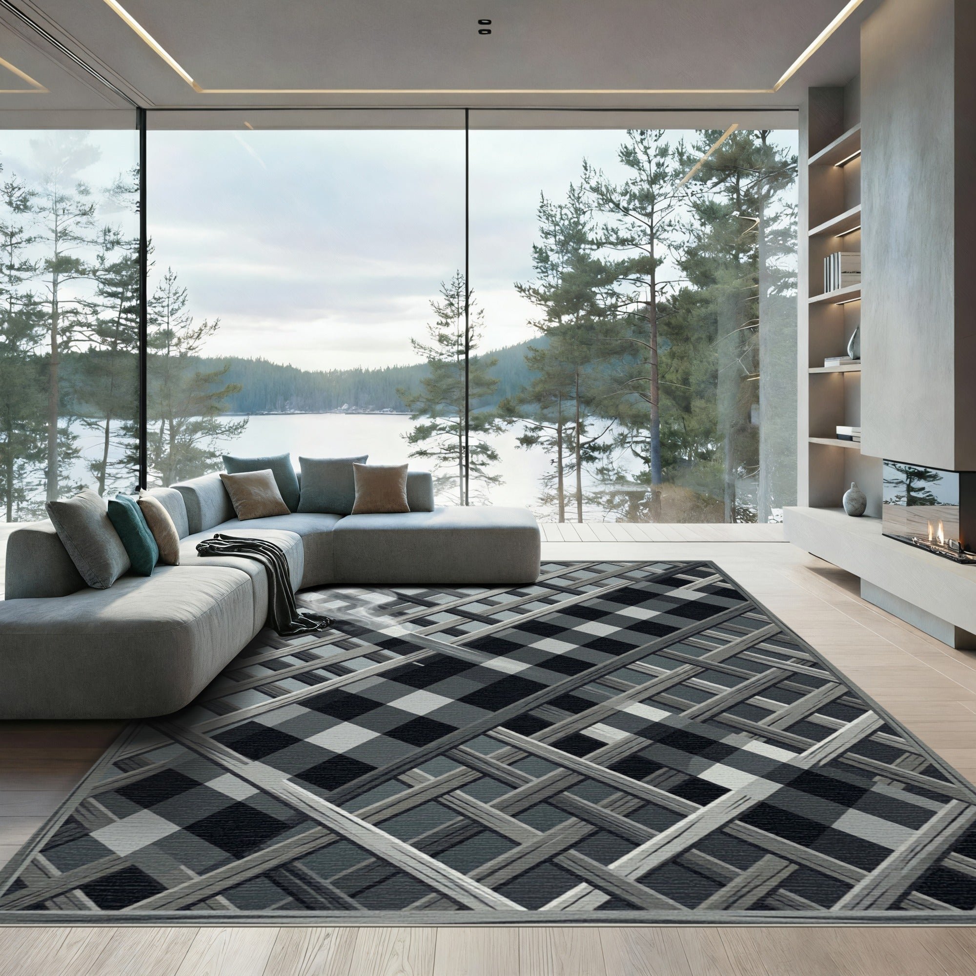 Monochrome Checkered Lattice Geometric Area Rug