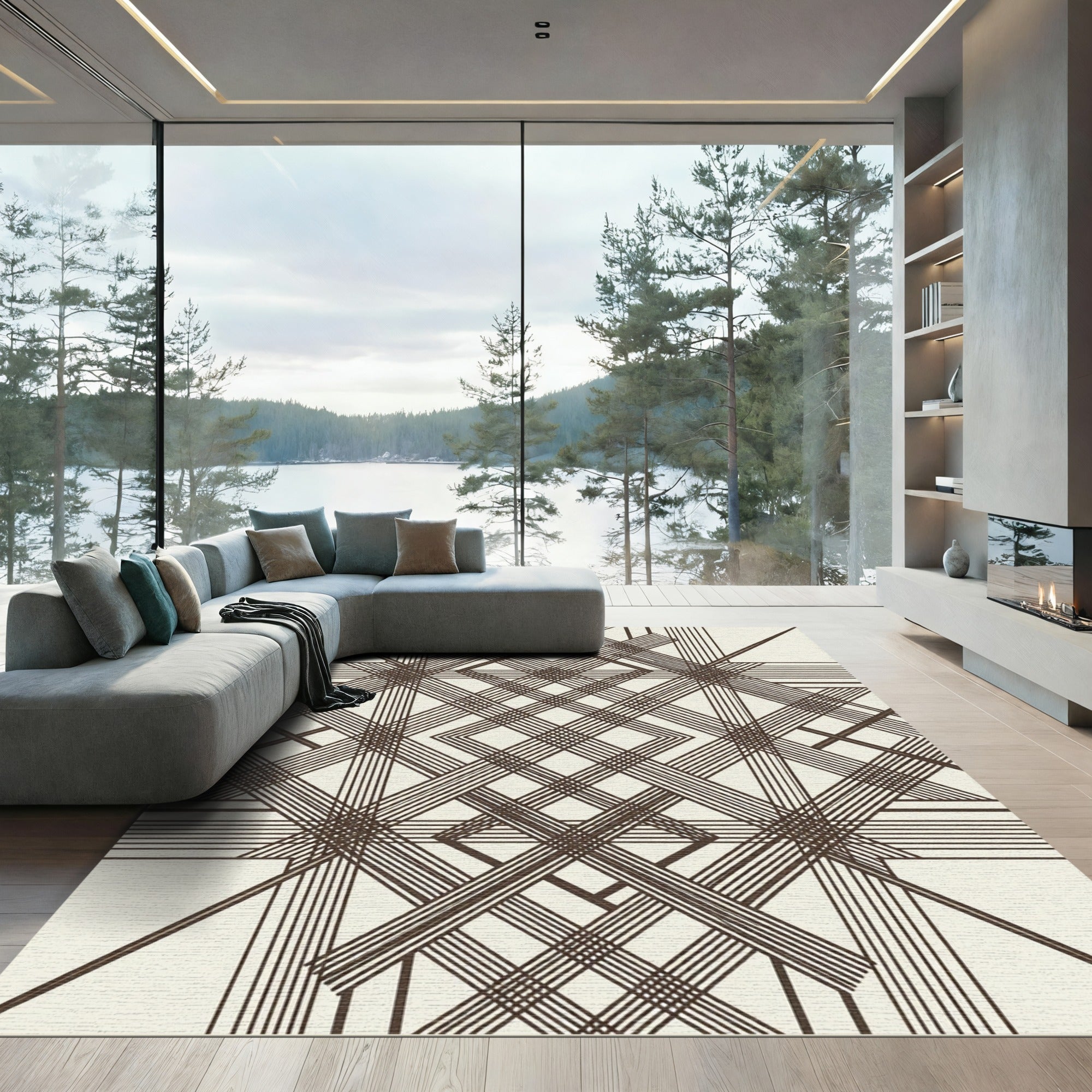 Sophisticated Chocolate Brown Intersecting Geometric Trellis Rug
