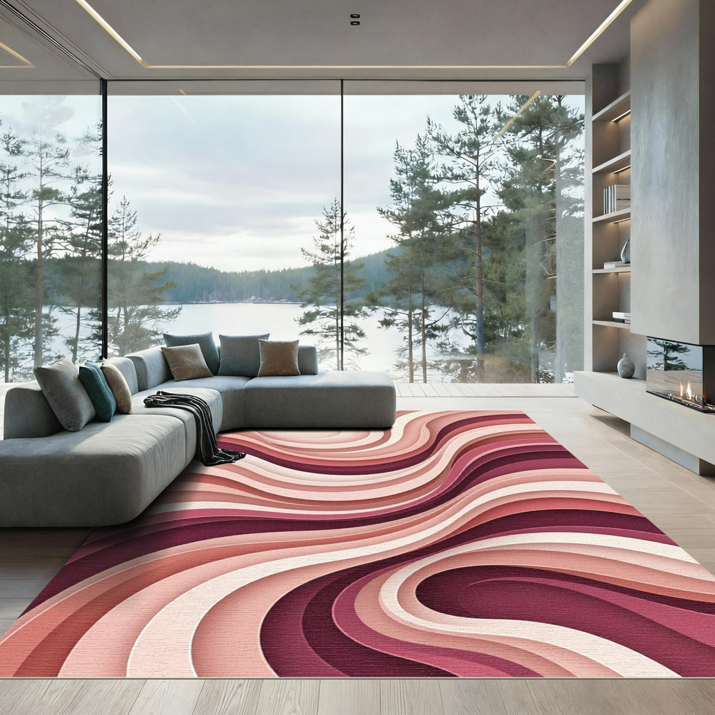 Modern Blush Rose Layered Abstract Wave Rug