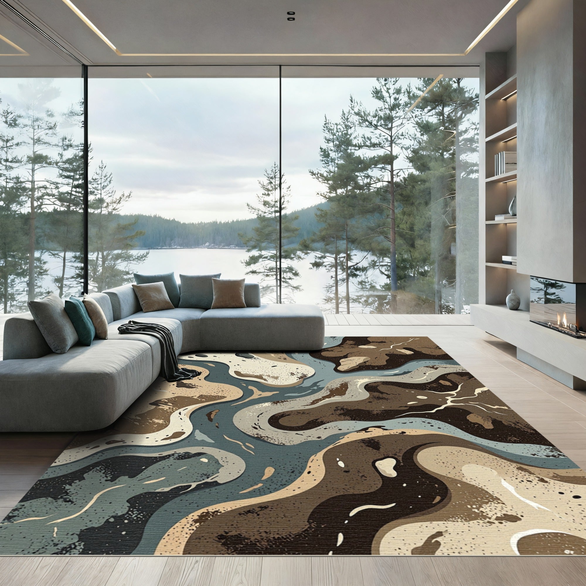 Abstract Earth Tone River Swirl Rug