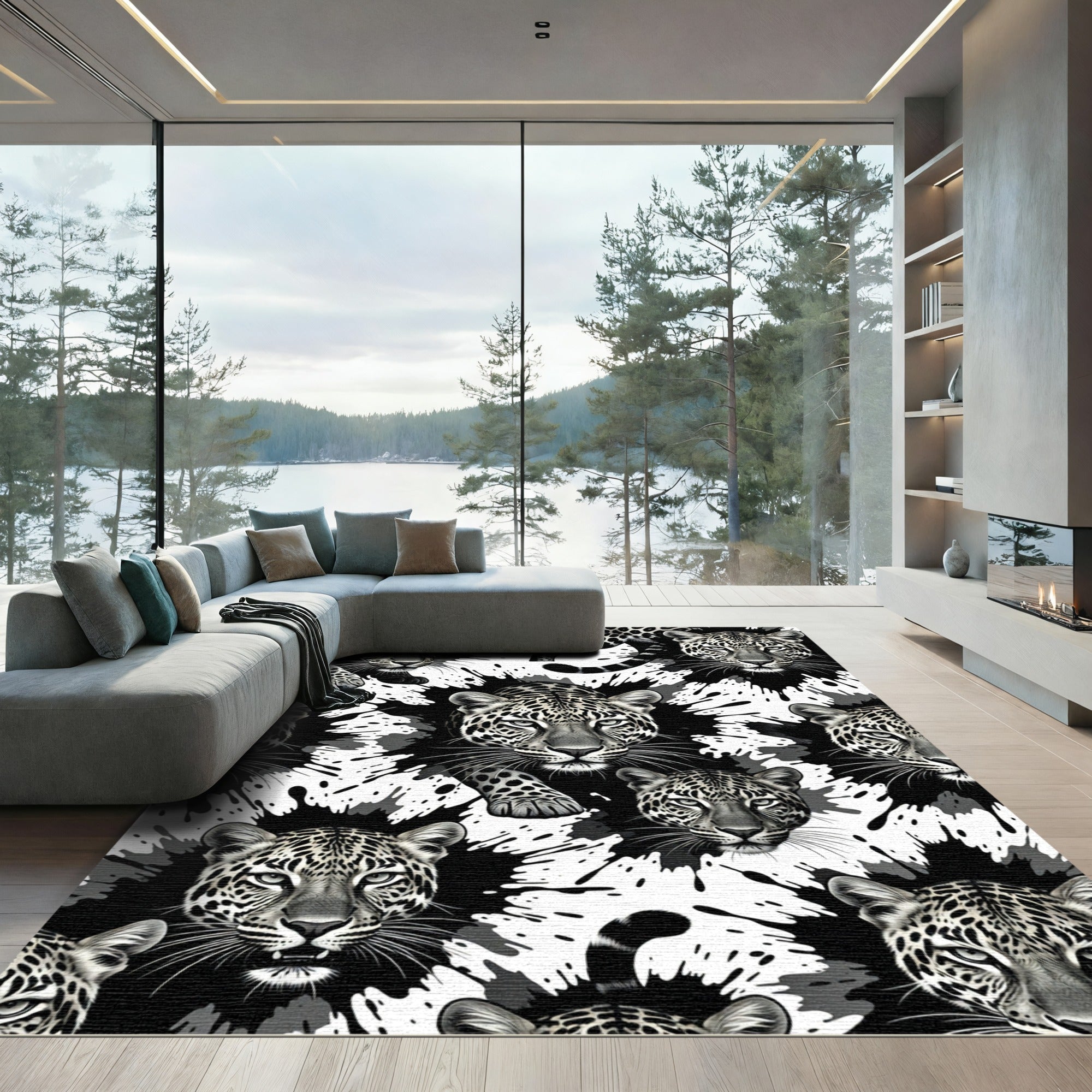 Monochromatic Leopard Ink Splatter Rug