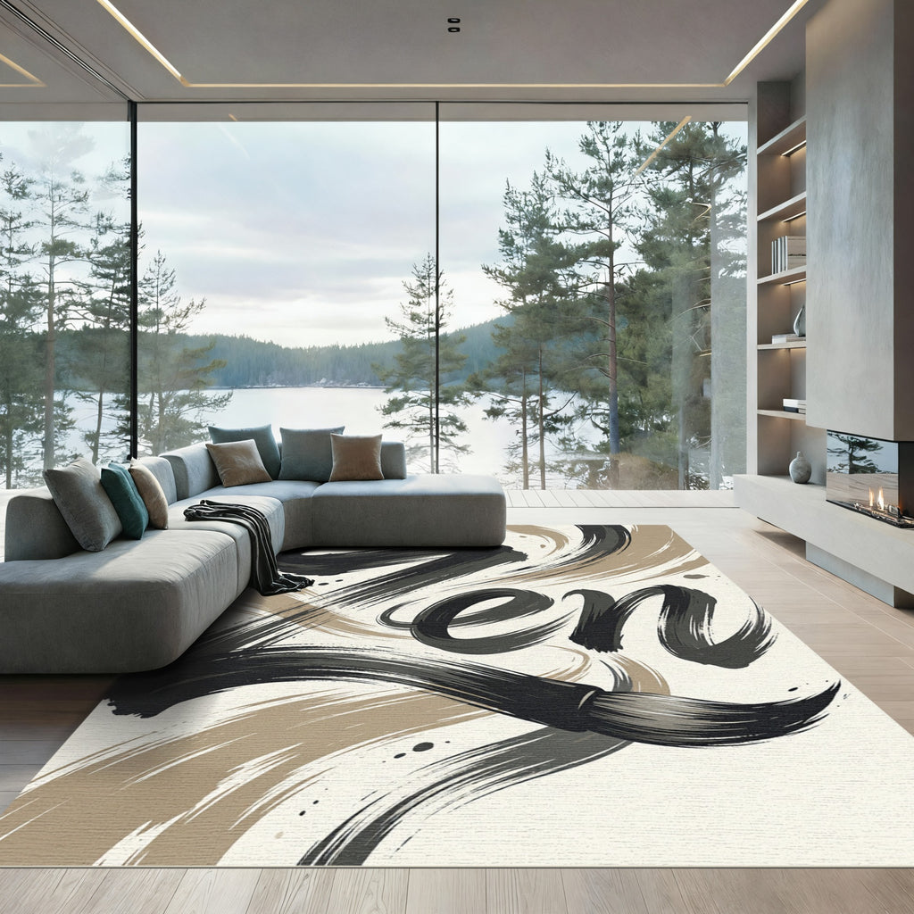 Minimalist Black and Beige Zen Calligraphy Rug