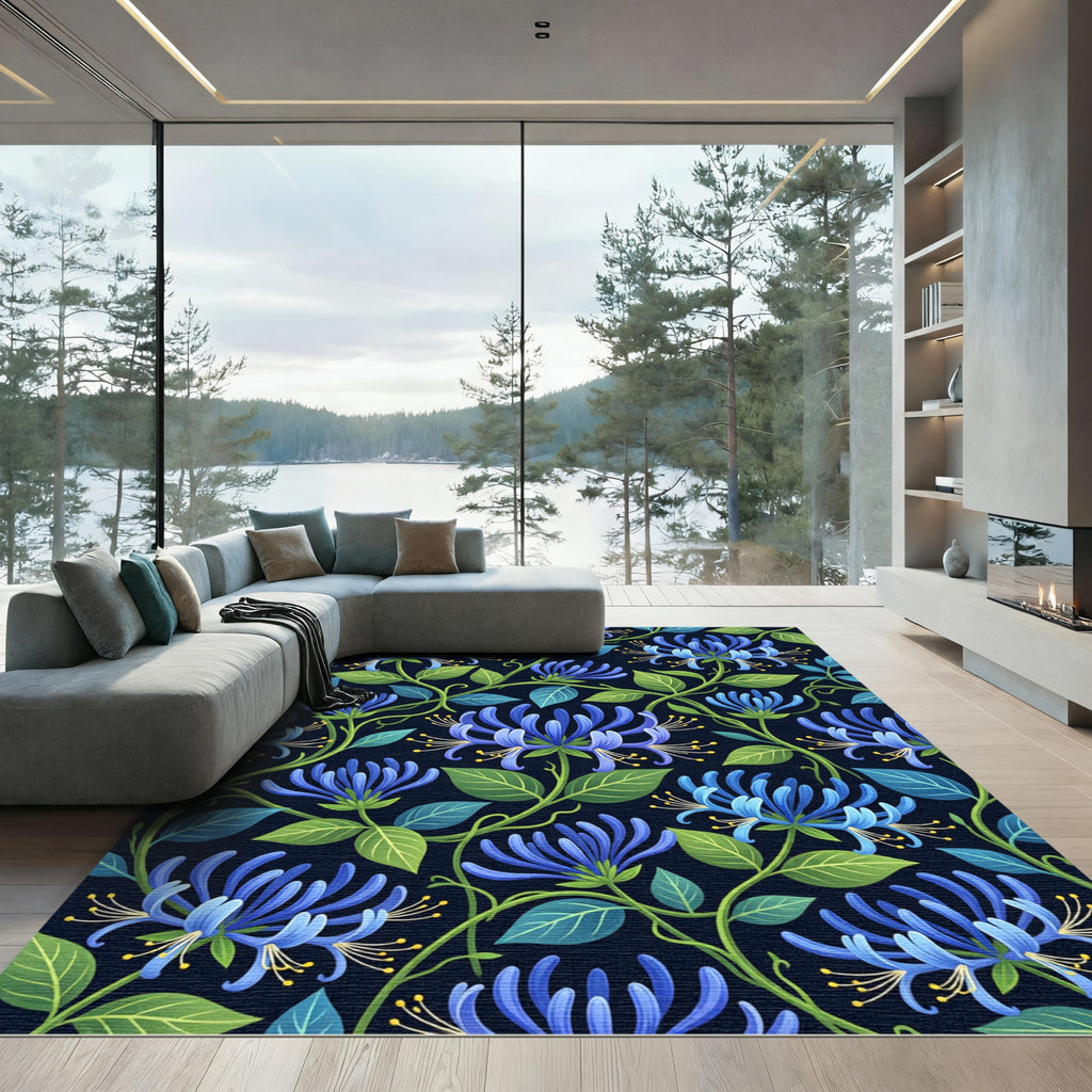 Blooming Navy Blue Honeysuckle Botanical Illustration Rug