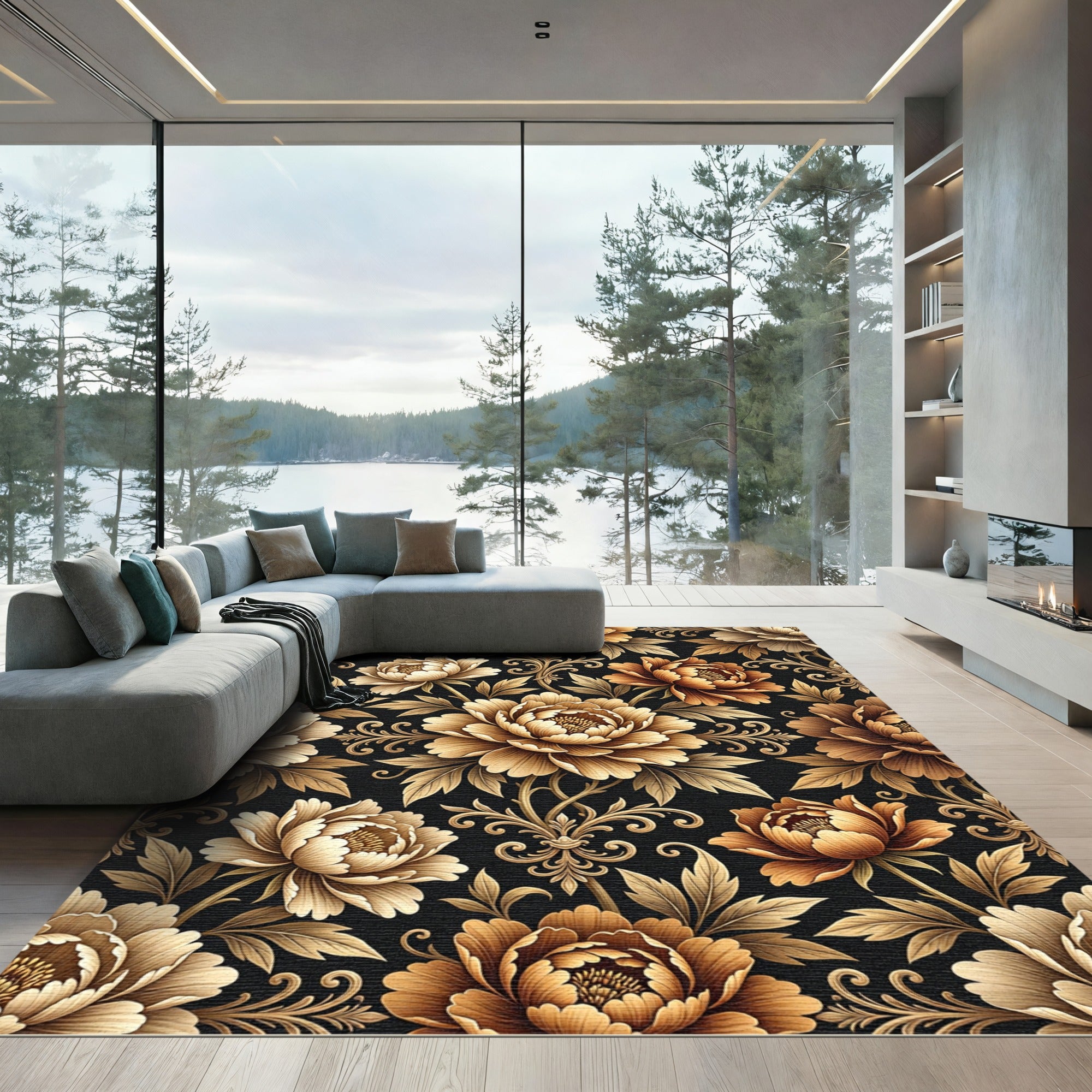 Golden Peony Floral Scroll Black Rug