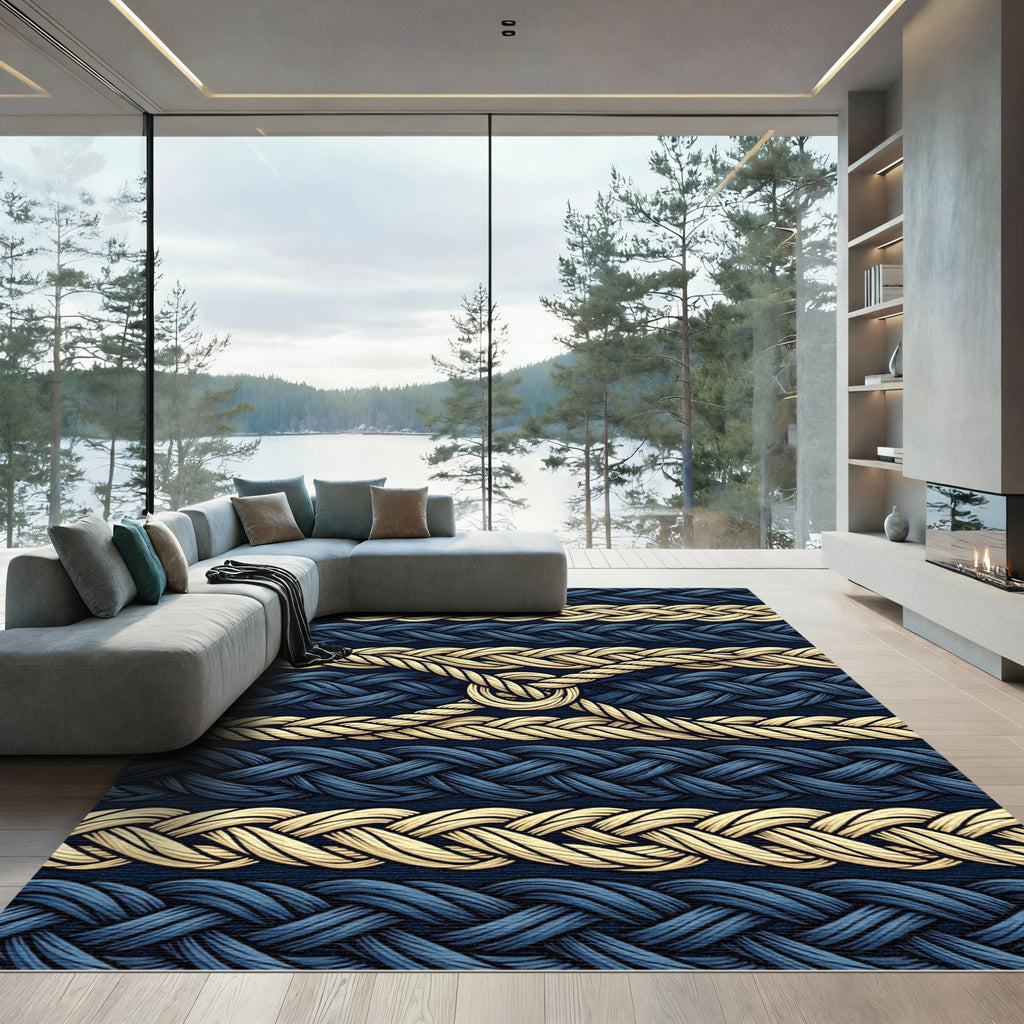 Navy Gold Braided Rope Texture Rug