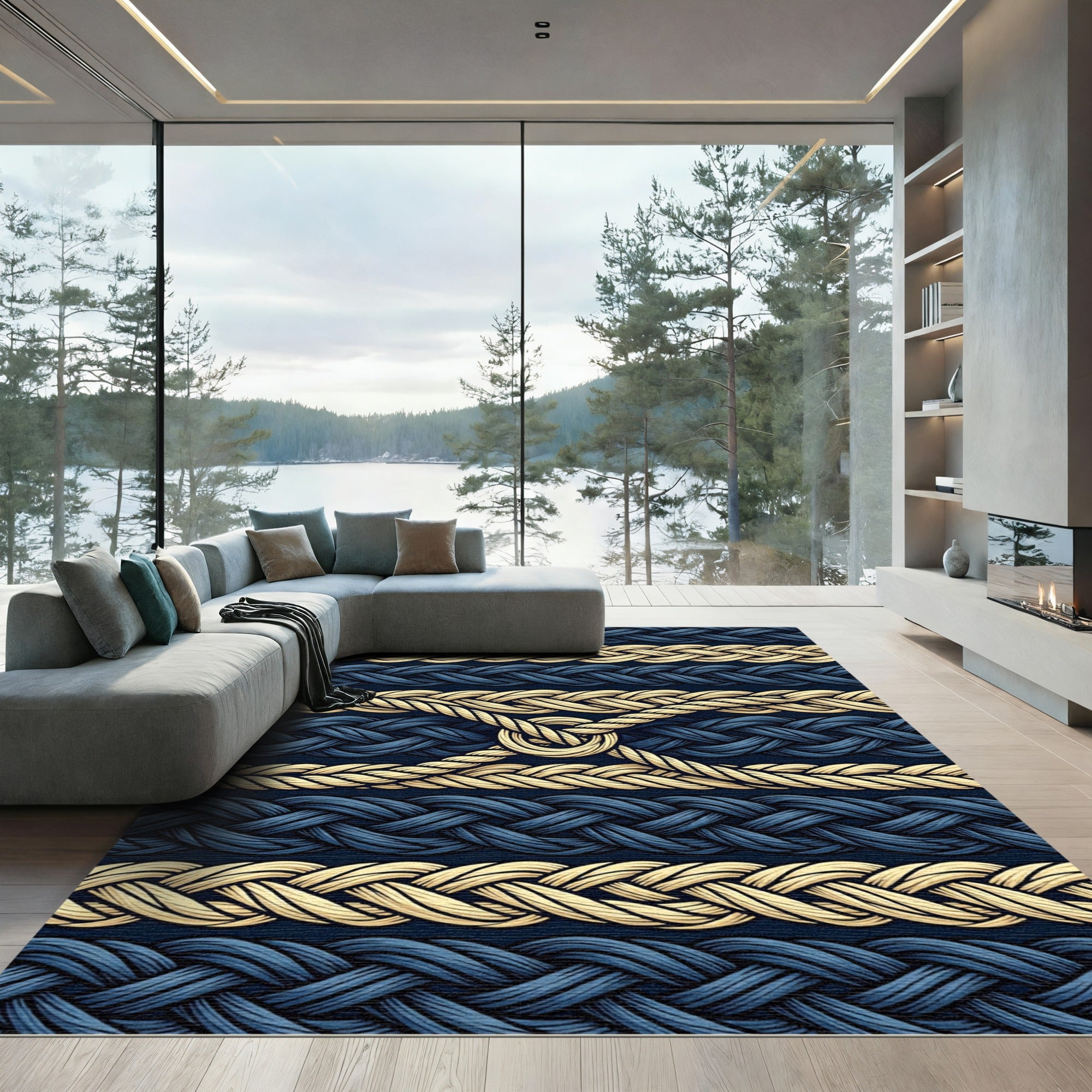 Navy Gold Braided Rope Texture Rug