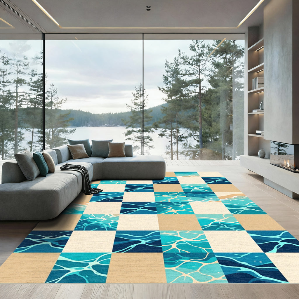 Geometric Blue Water Ripple Checkered Rug