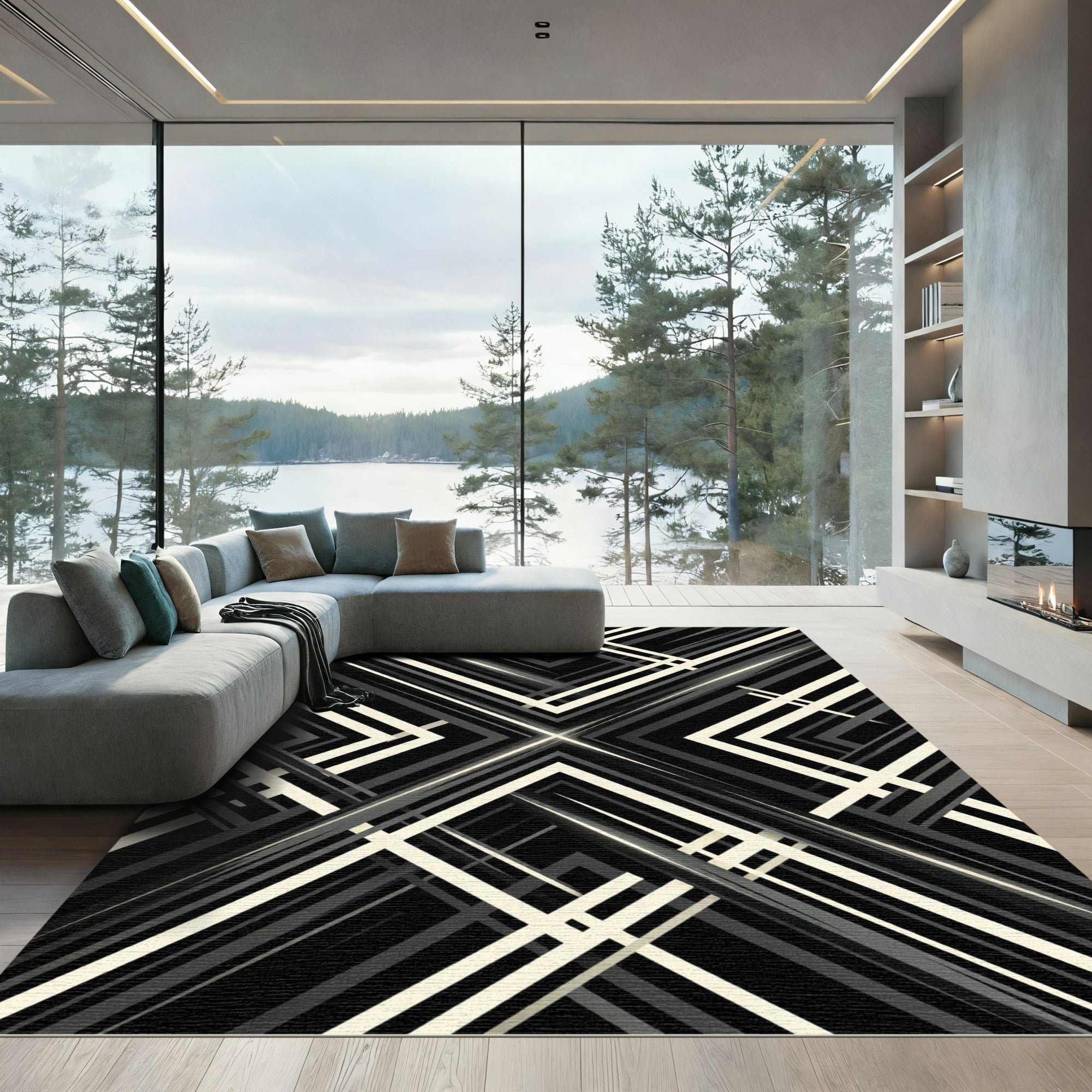 Monochromatic Minimalist Geometric Angular Stripe Rug