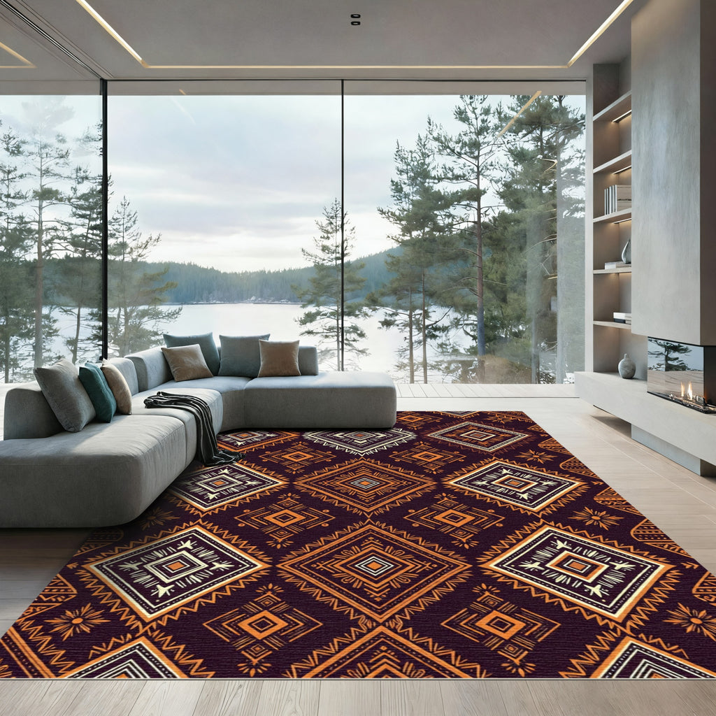 Earthy Copper Geometric Tribal Diamond Rug