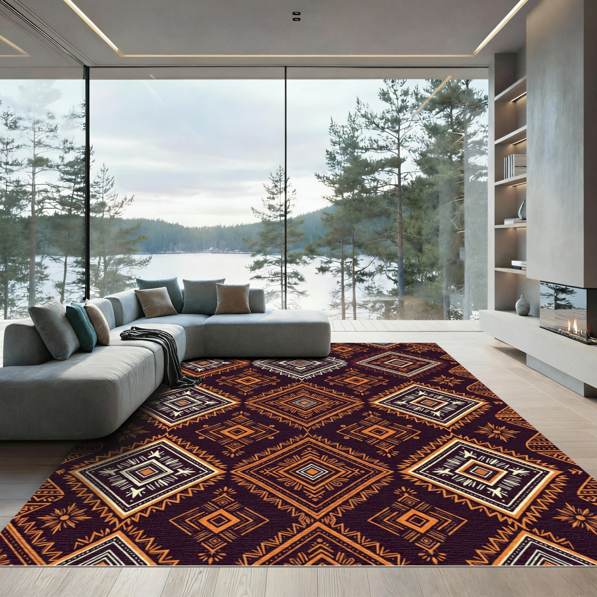 Earthy Copper Geometric Tribal Diamond Rug