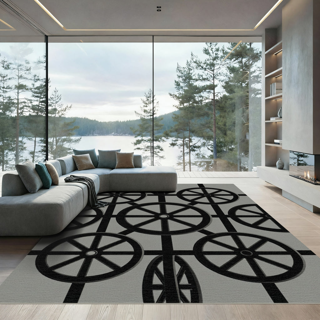 Monochrome Spoked Wheel Grid Rug