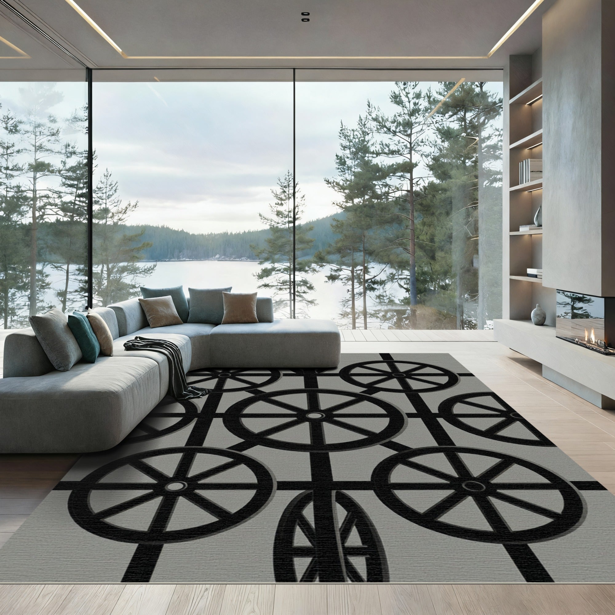 Monochrome Spoked Wheel Grid Rug