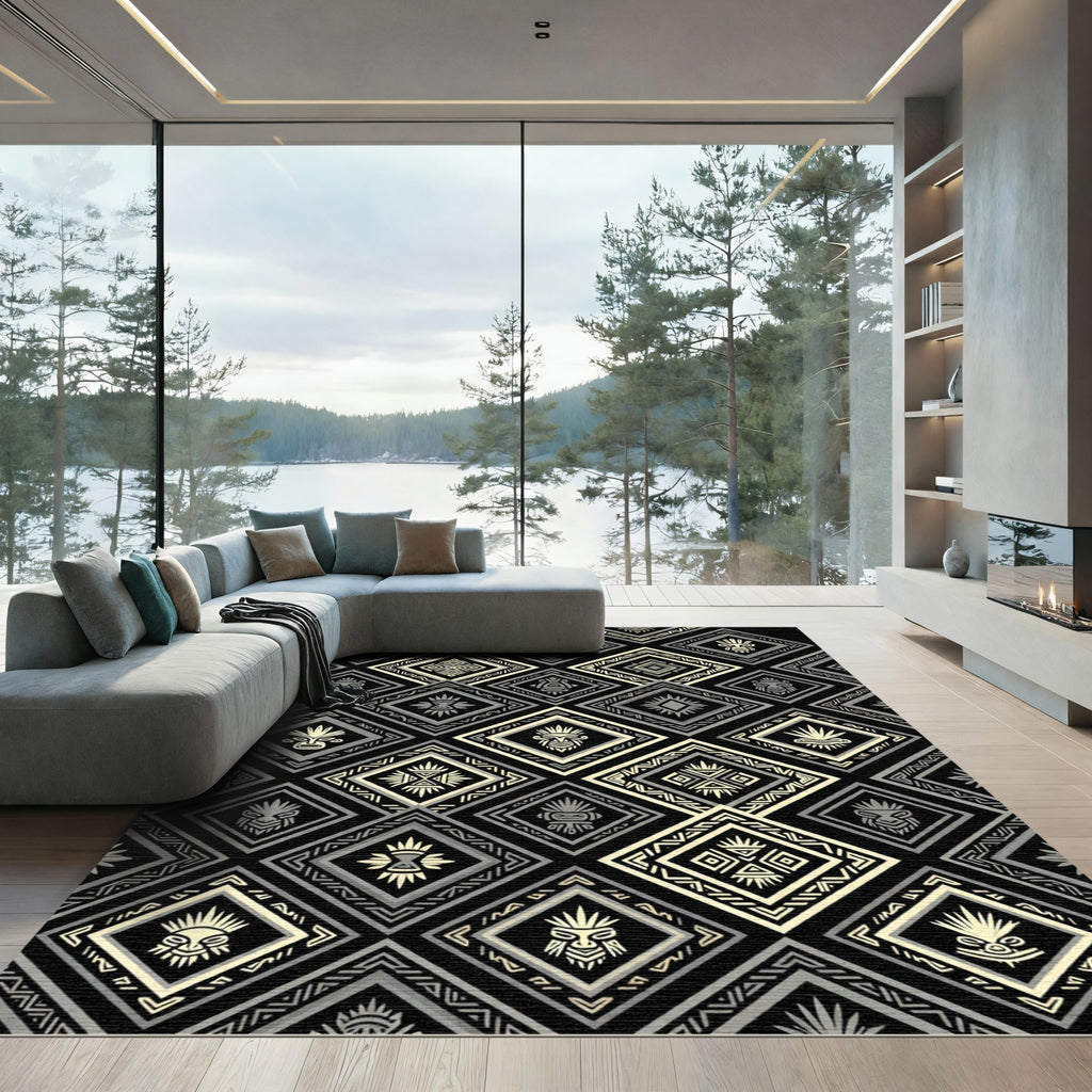 Monochrome Tribal Diamond Totem Art Rug