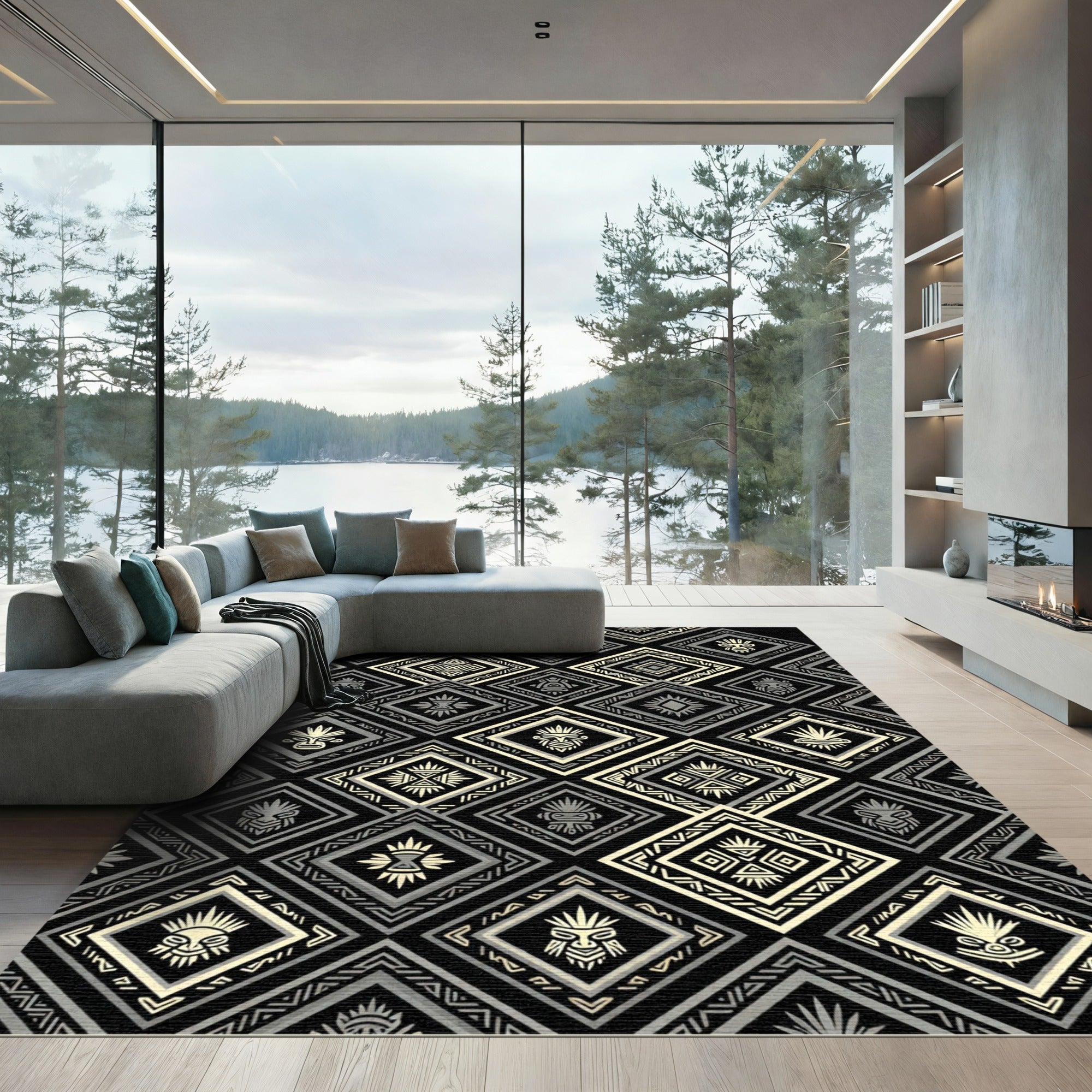Monochrome Tribal Diamond Totem Art Rug