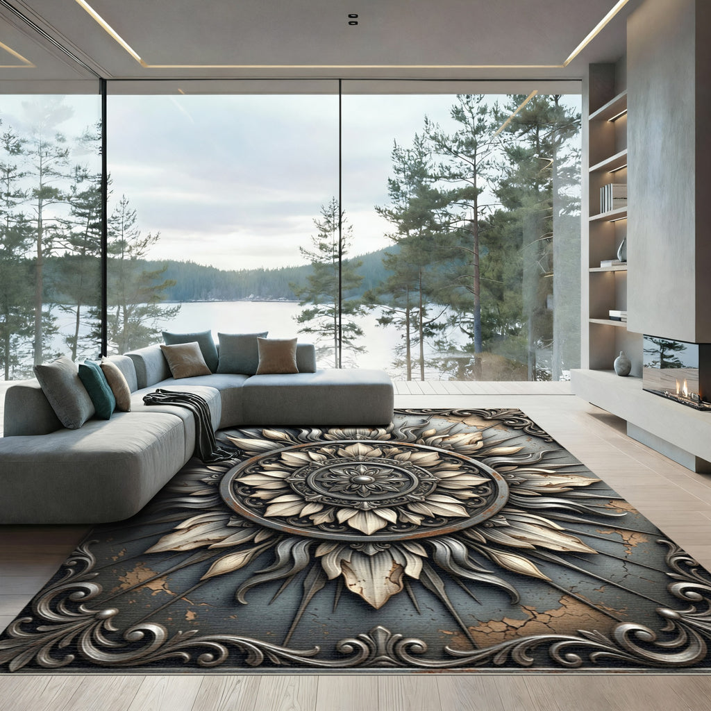 Metallic Silver Ornate Floral Medallion Rug