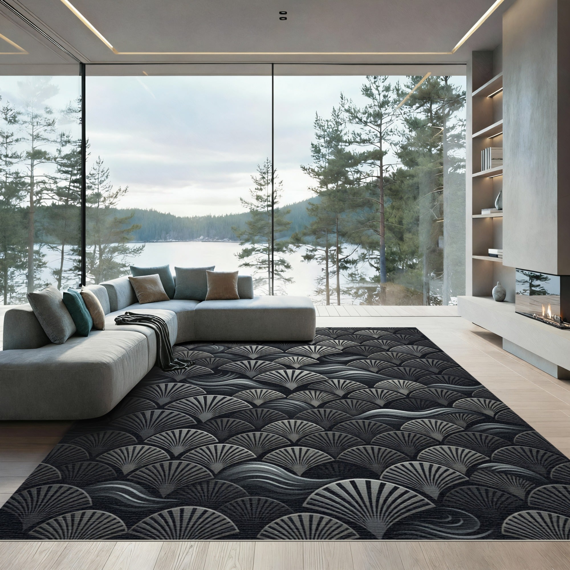 Greyscale Fan Wave Art Deco Rug