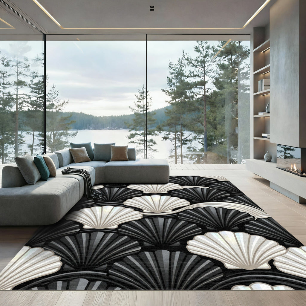 Sophisticated Black and Pearl Scallop Shell Rug