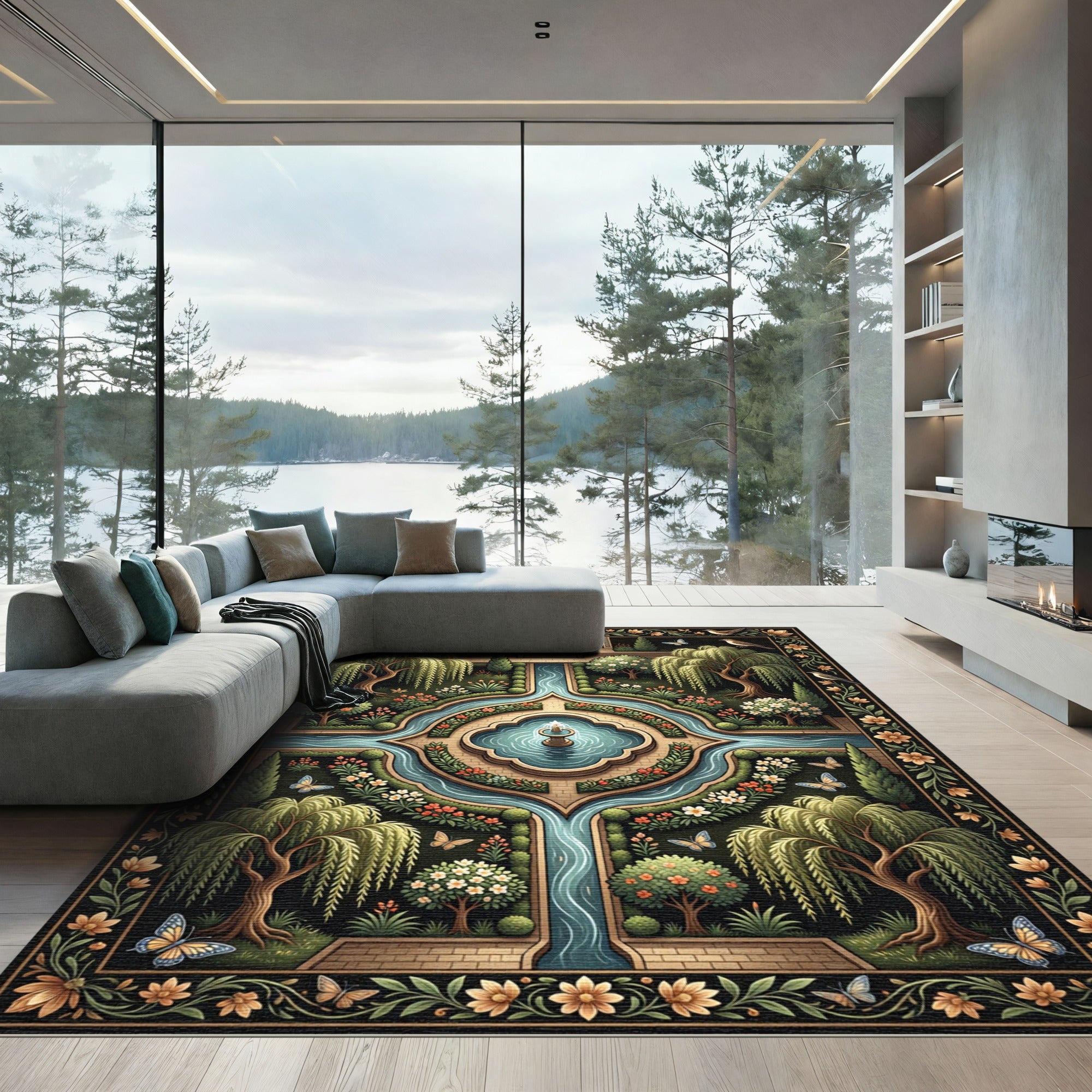 Enchanted Garden Willow Floral Fountain Rug