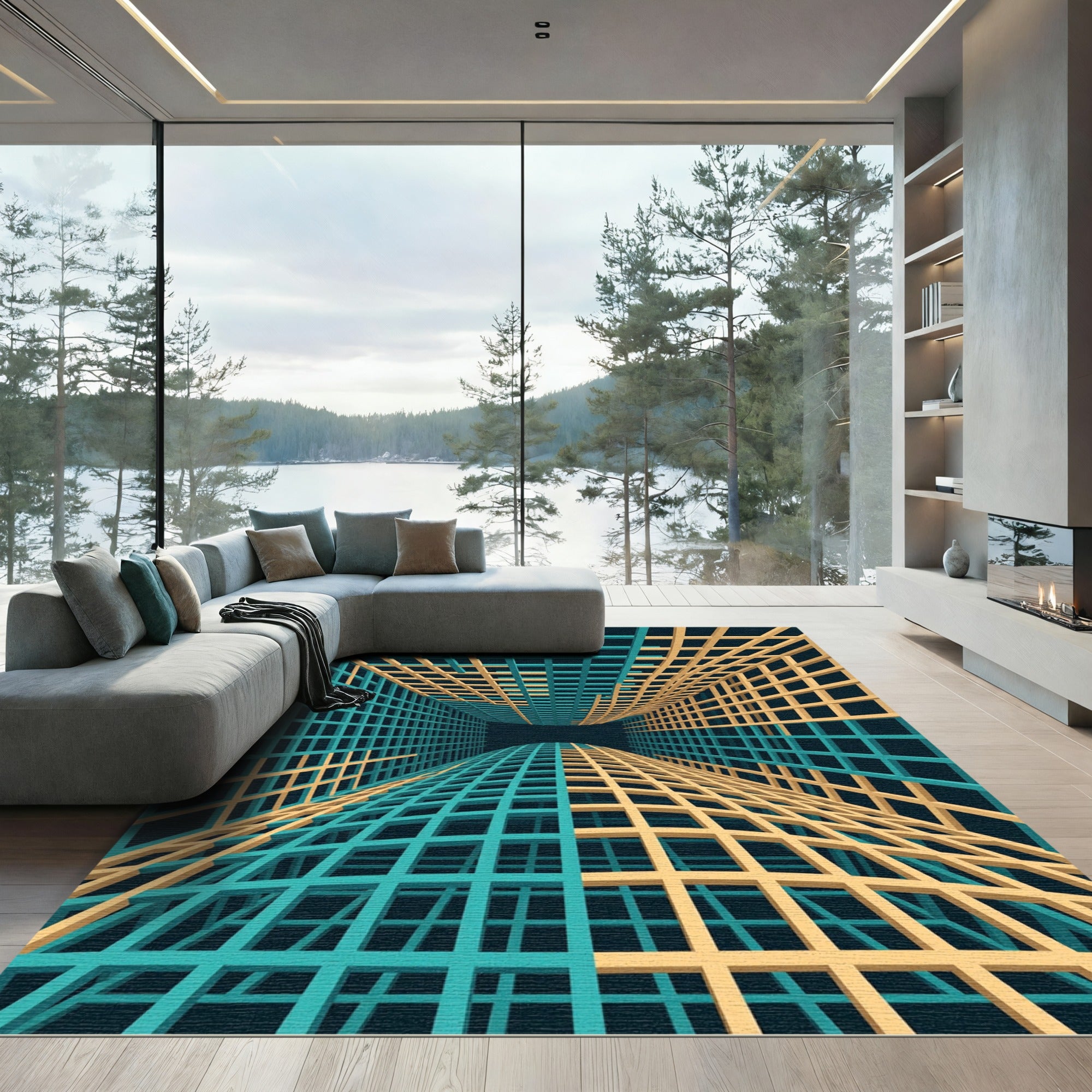 Teal and Amber Isometric Grid Maze Rug