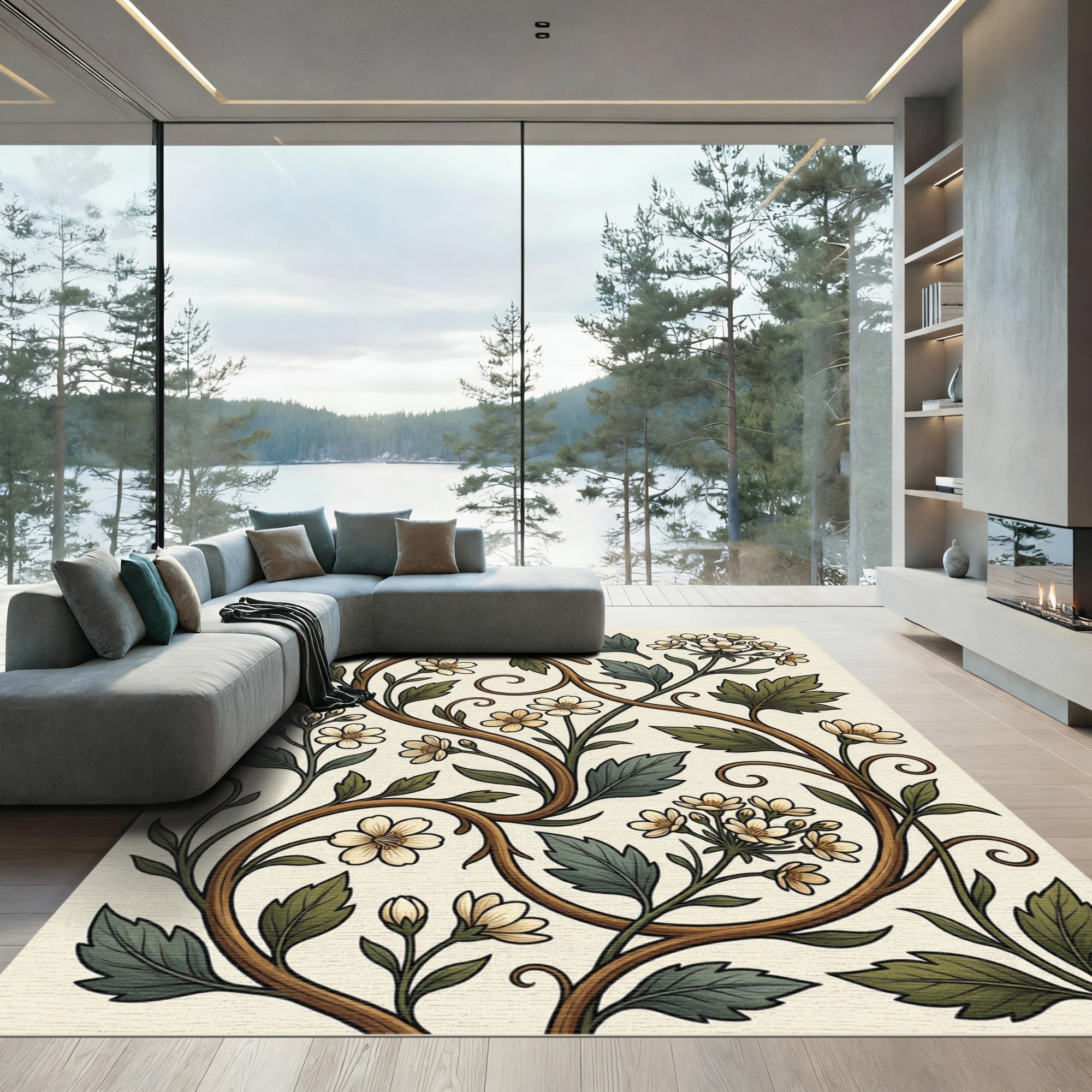 Elegant Cream Botanical Scroll Vine Rug