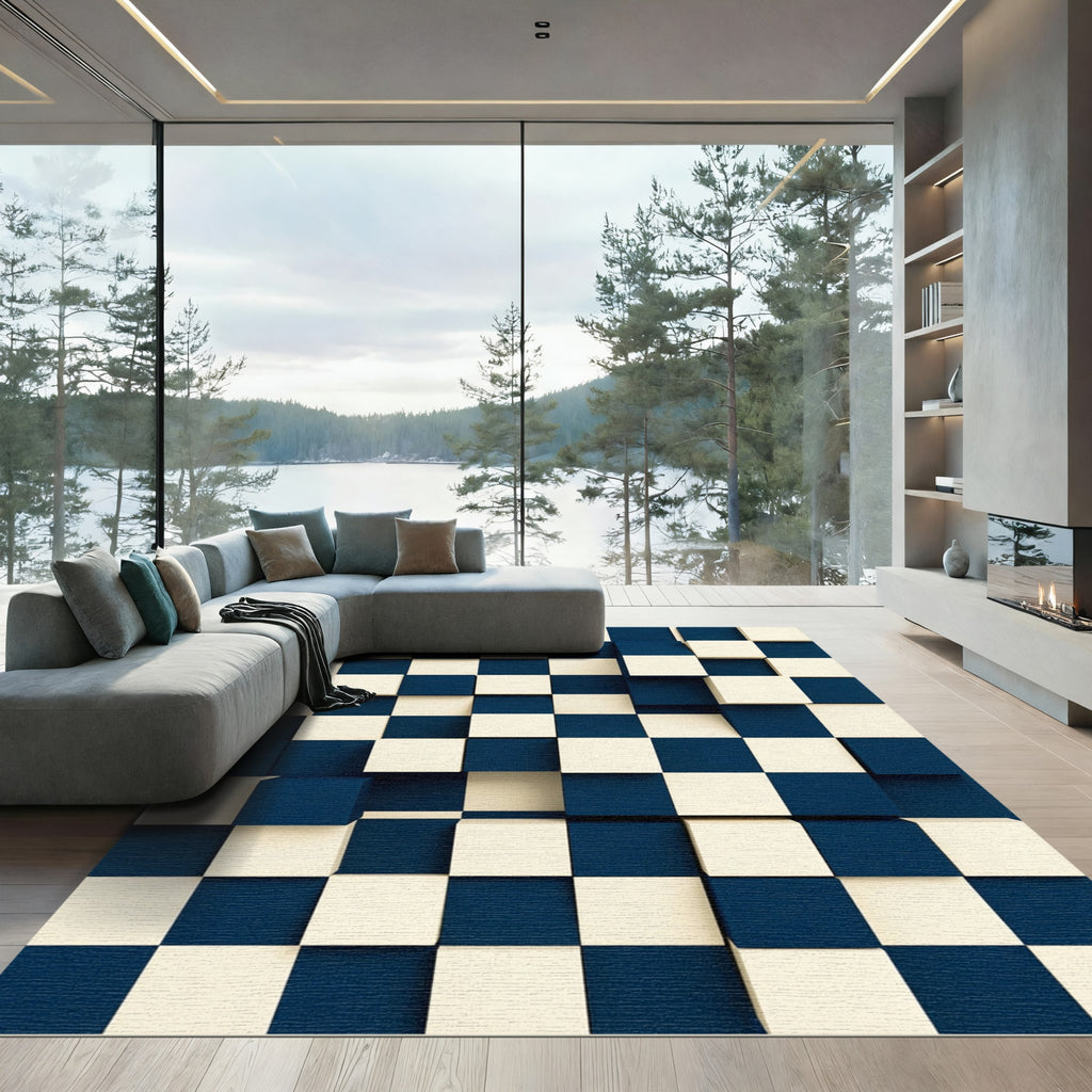 Modern Navy and Cream 3D Block Rug