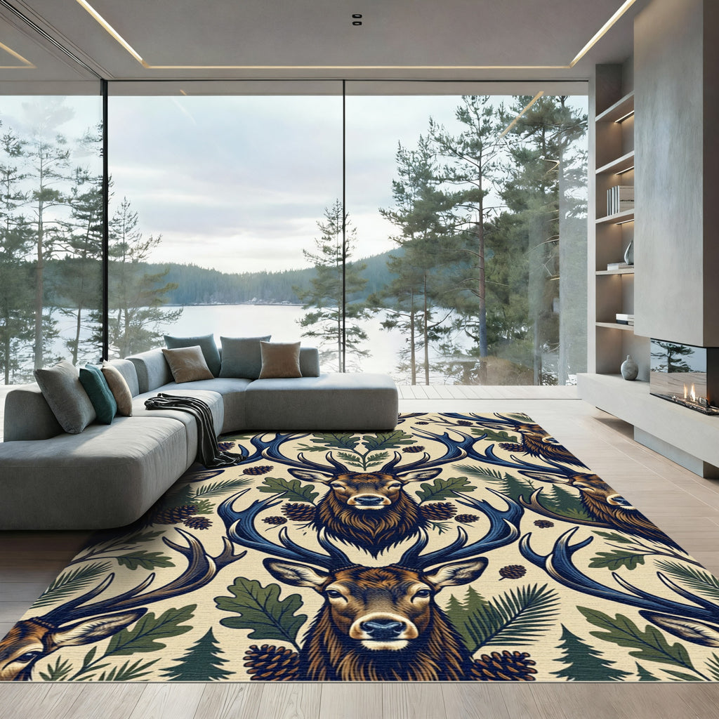 Rustic Forest Deer and Oak Woodland Rug