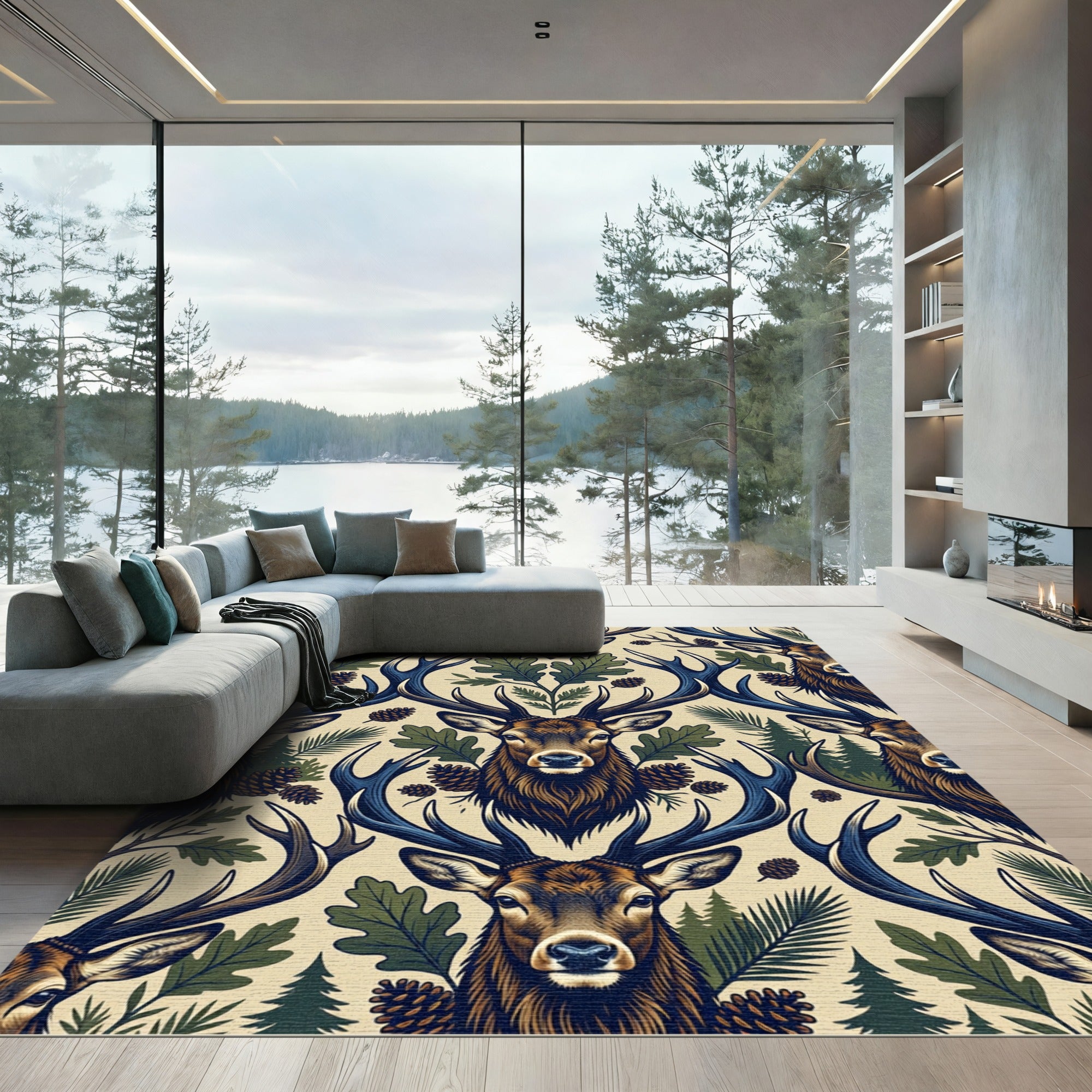 Rustic Forest Deer and Oak Woodland Rug