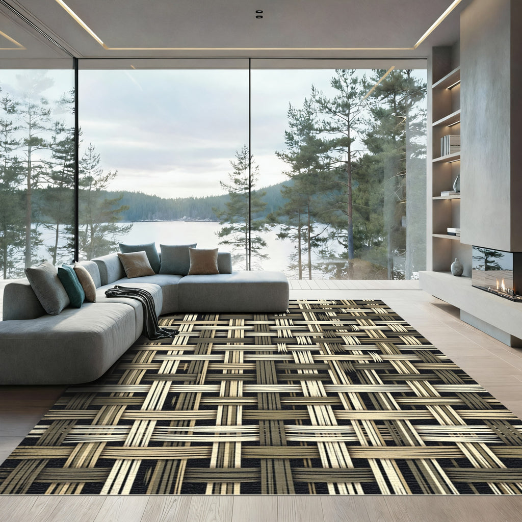 Neutral Earth Tone Woven Basket Grid Rug