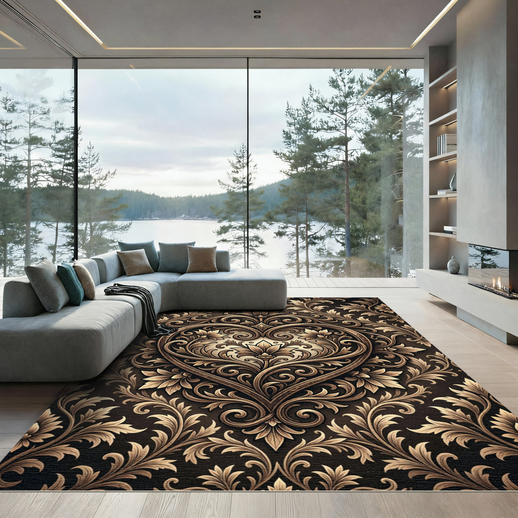 Elegant Bronze Ornate Heart Damask Rug