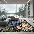 Navy Blue Peony Floral Botanical Arrangement Rug