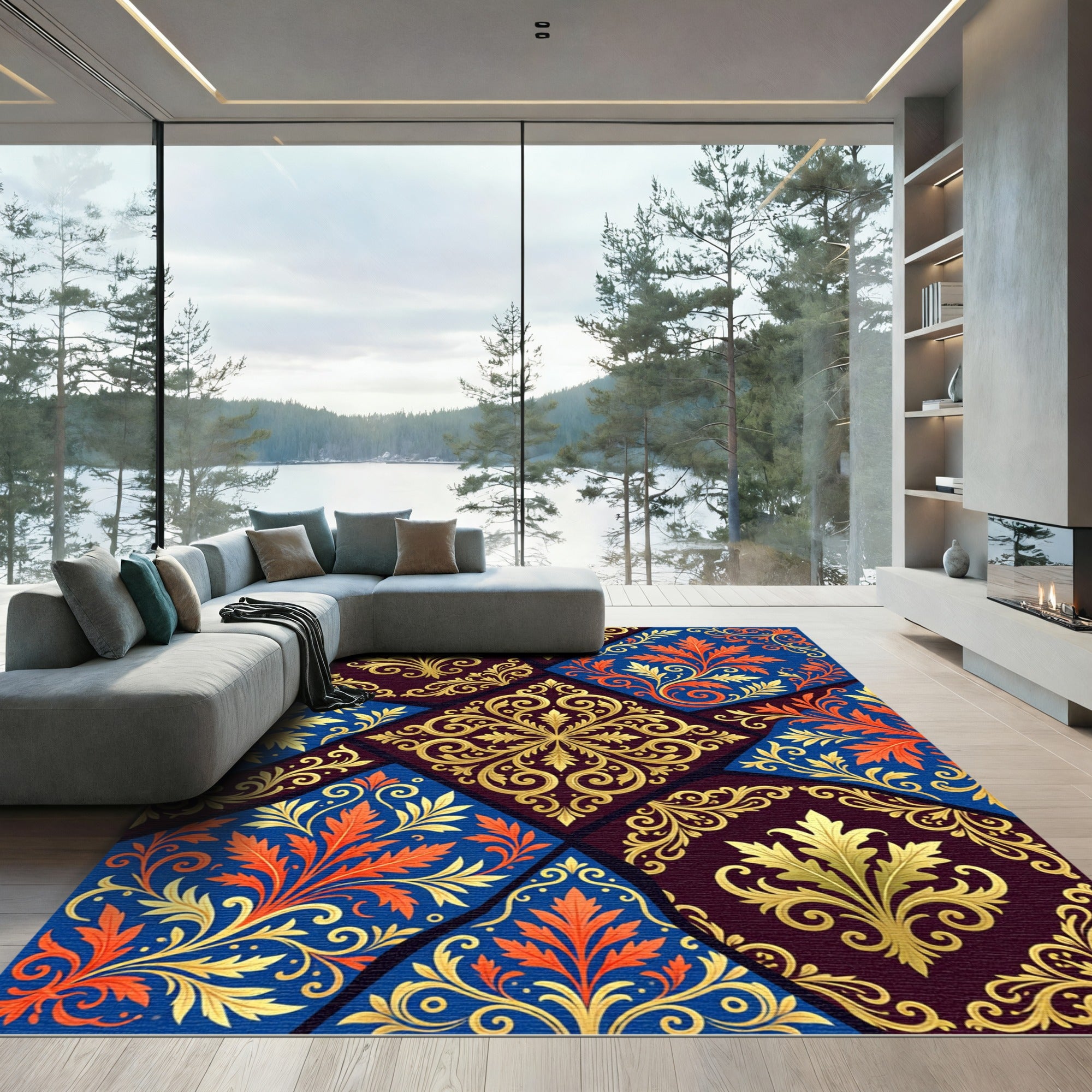 Ornate Gold Blue Orange Floral Patchwork Rug