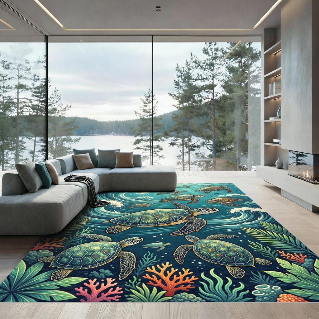 Vibrant Underwater Turtle Ocean Scene Rug