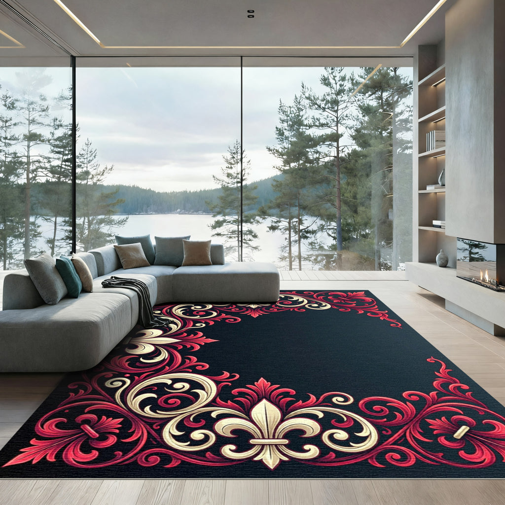 Ornate Crimson Fleur-de-lis Scroll Accent Rug