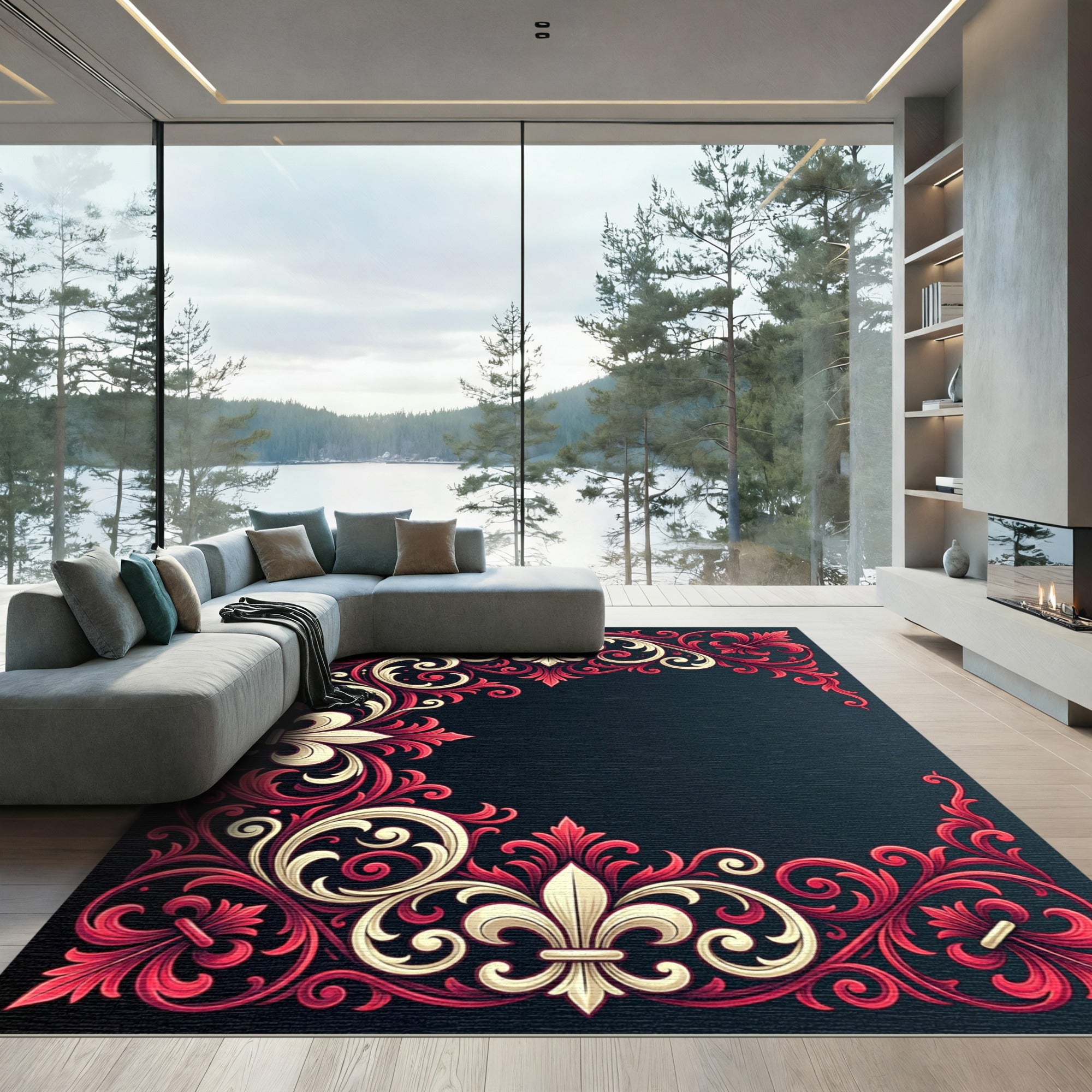 Ornate Crimson Fleur-de-lis Scroll Accent Rug