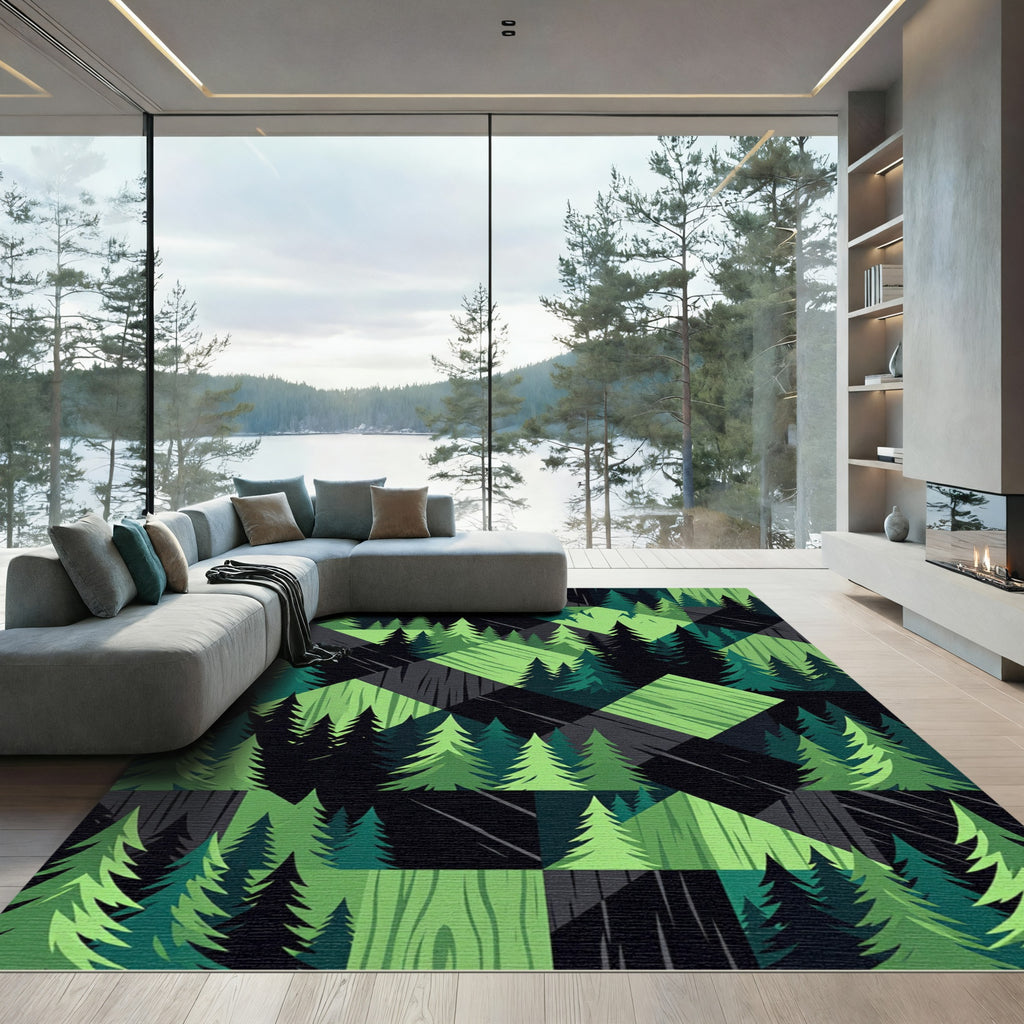 Geometric Evergreen Forest Pine Landscape Rug