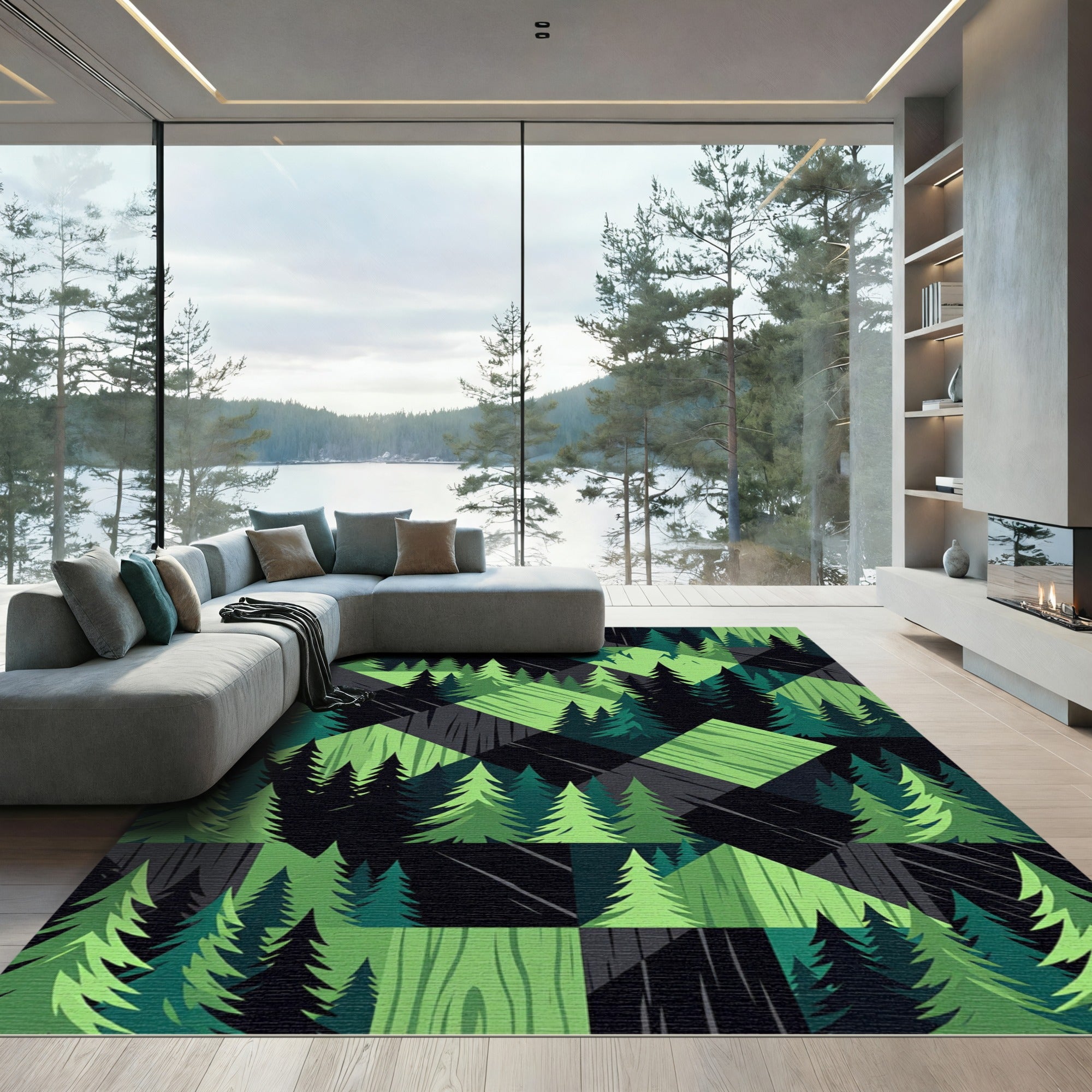 Geometric Evergreen Forest Pine Landscape Rug