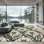Elegant Neutral White Floral Botanical Rug