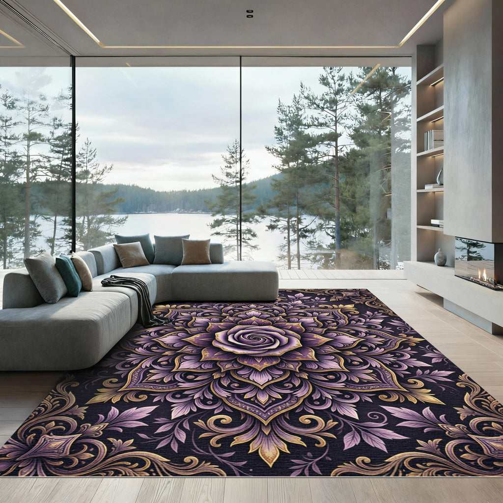 Floral Purple Rose Ornate Gold Mandala Rug