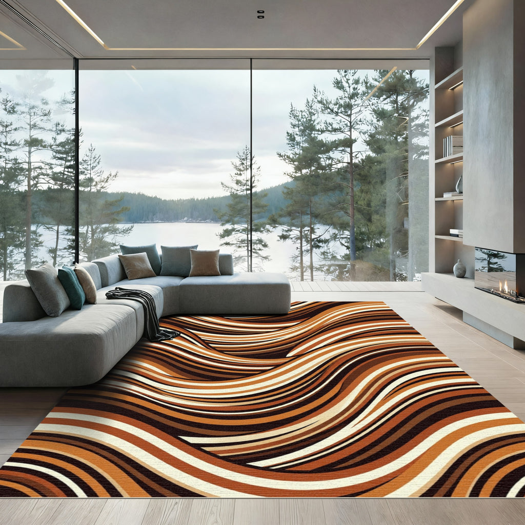 Modern Earthy Copper Wavy Stripe Rug