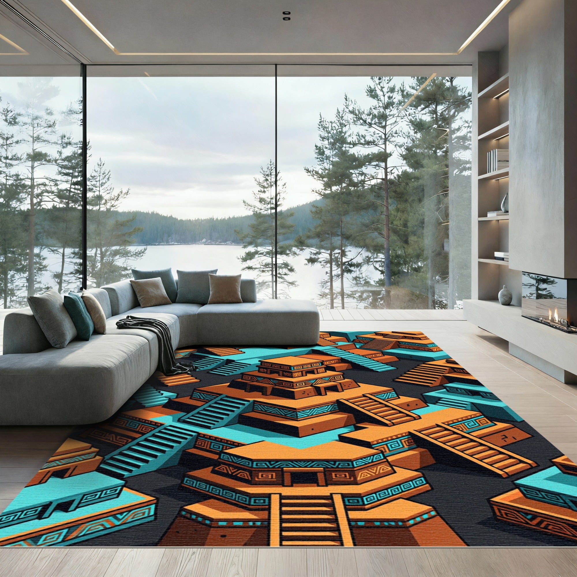 Isometric Terracotta and Teal Aztec Ziggurat Rug