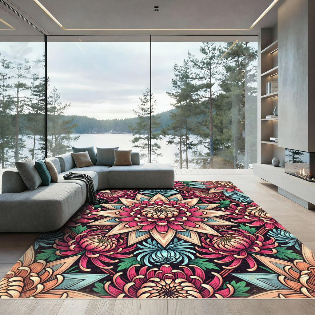 Vibrant Chintz Floral Mandala Chrysanthemum Rug