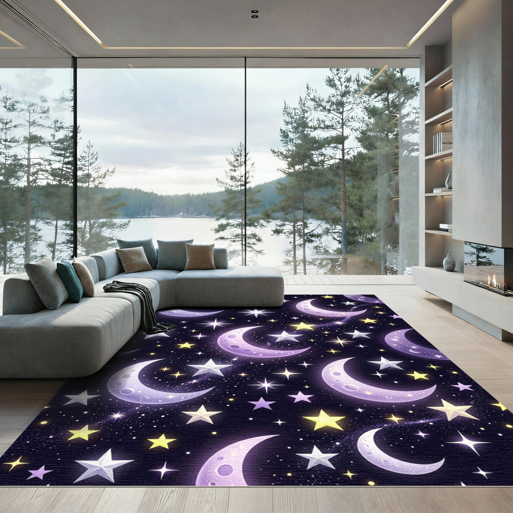 Celestial Crescent Moon and Starry Sky Rug