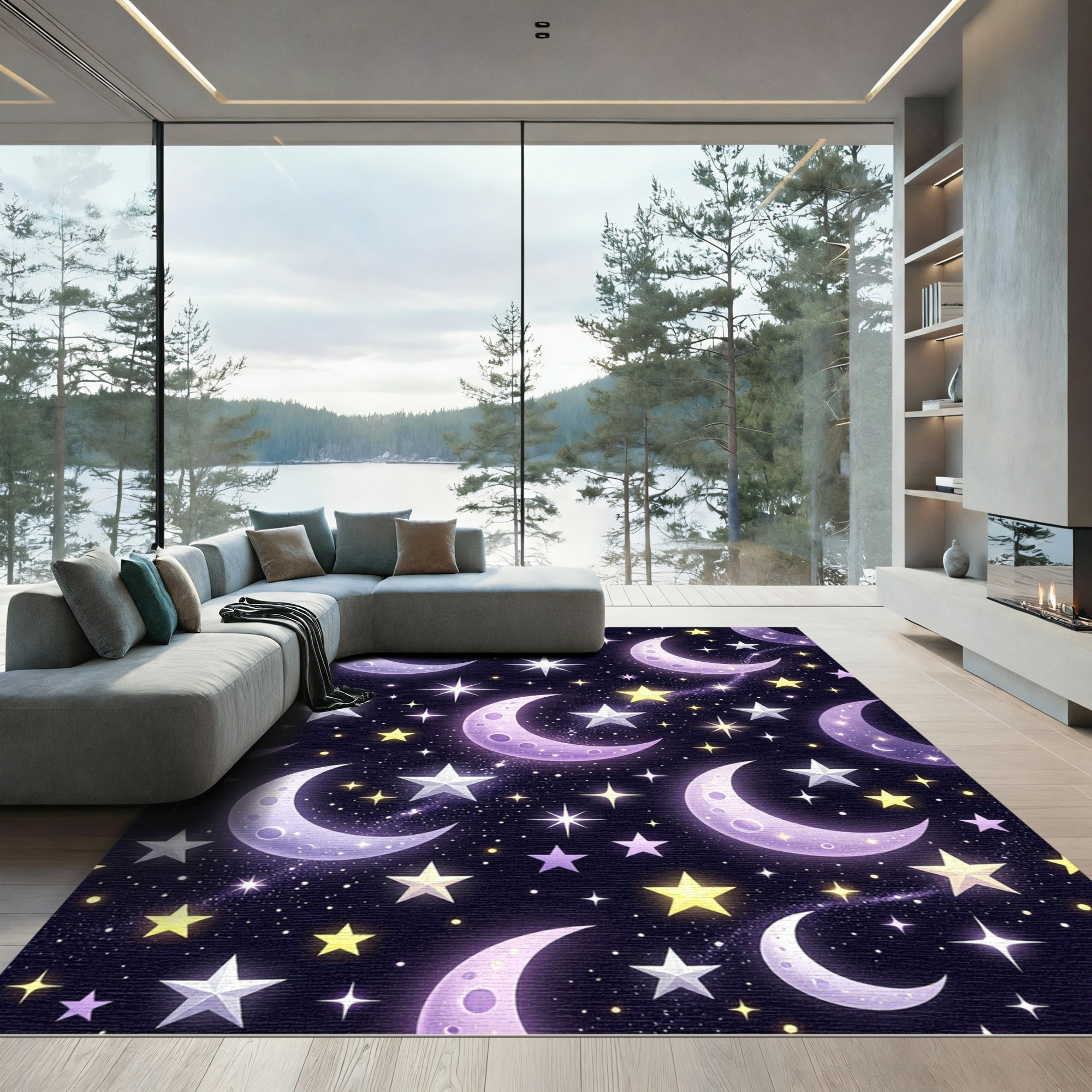 Celestial Crescent Moon and Starry Sky Rug