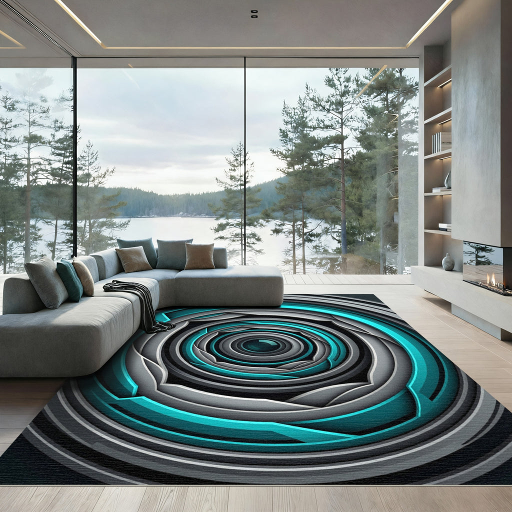 Cyan Abstract Circular Vortex Art Rug