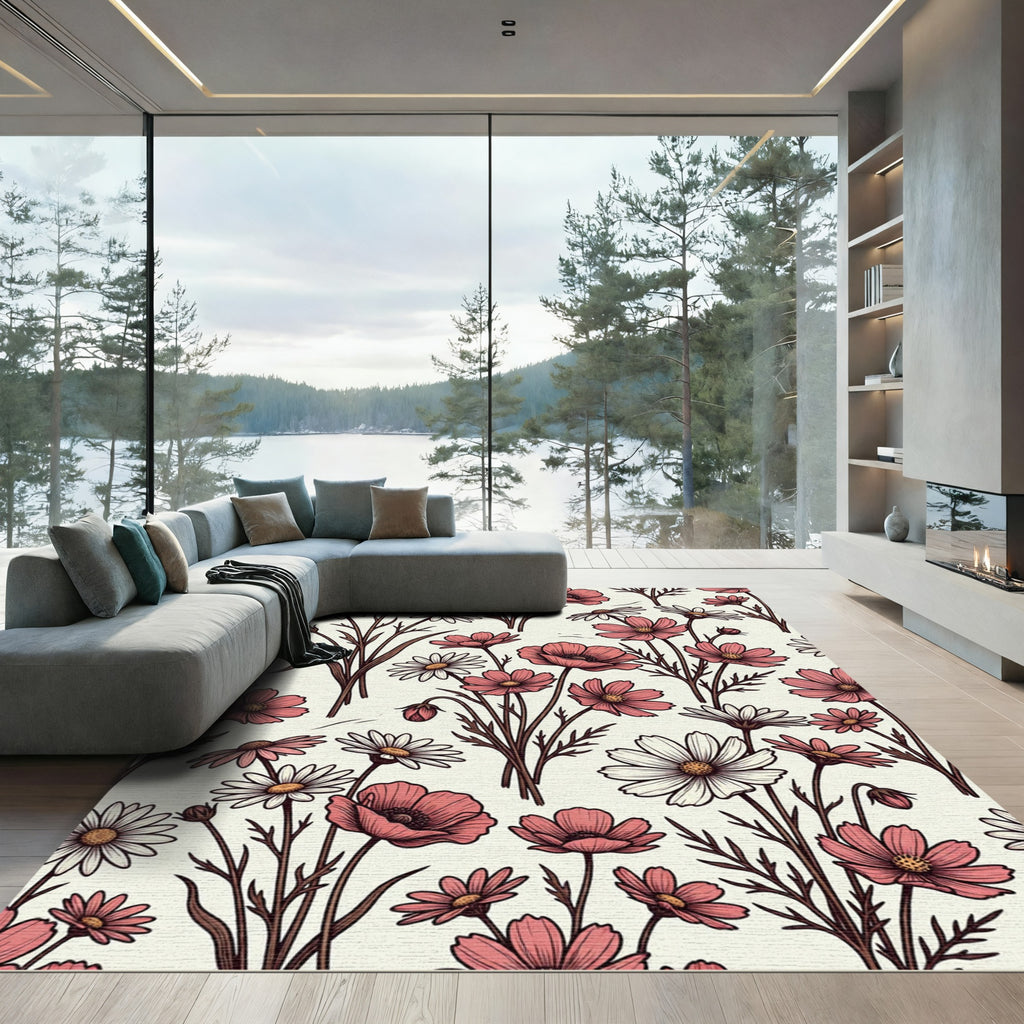 Coral Pink Floral Field Arrangement Rug