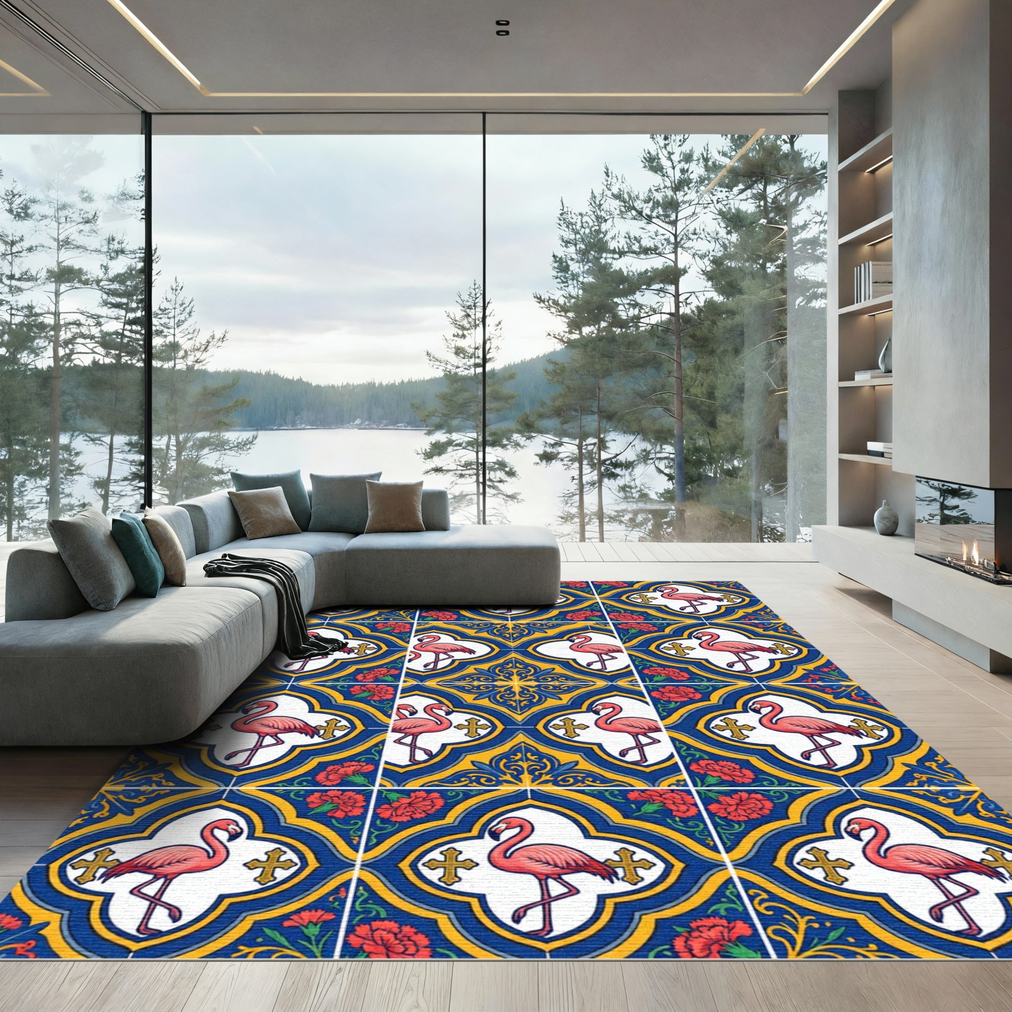 Pink Flamingo Blue Yellow Floral Medallions Rug