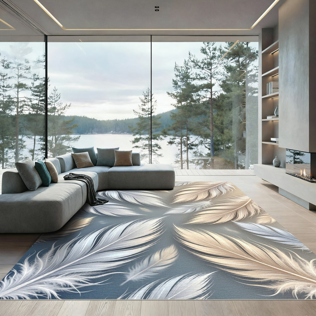 Subtle Feather Swirl White Tan Rug