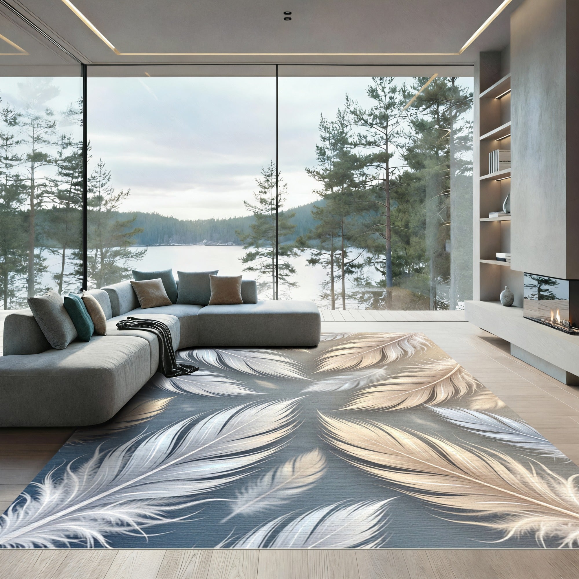 Subtle Feather Swirl White Tan Rug