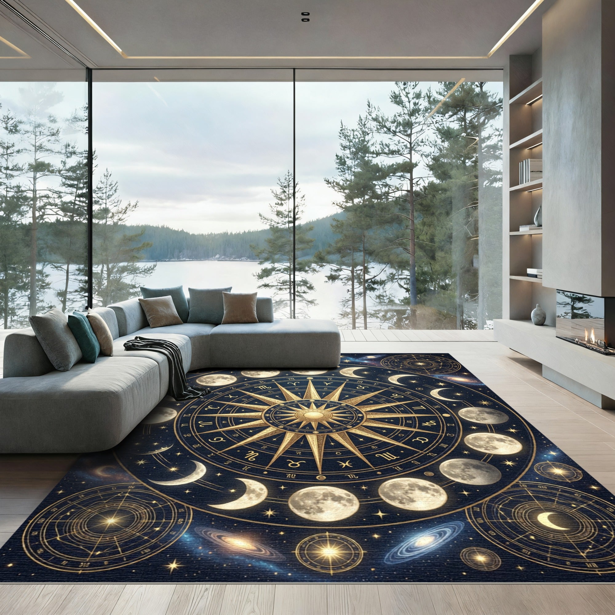 Celestial Golden Lunar Zodiac Compass Rug